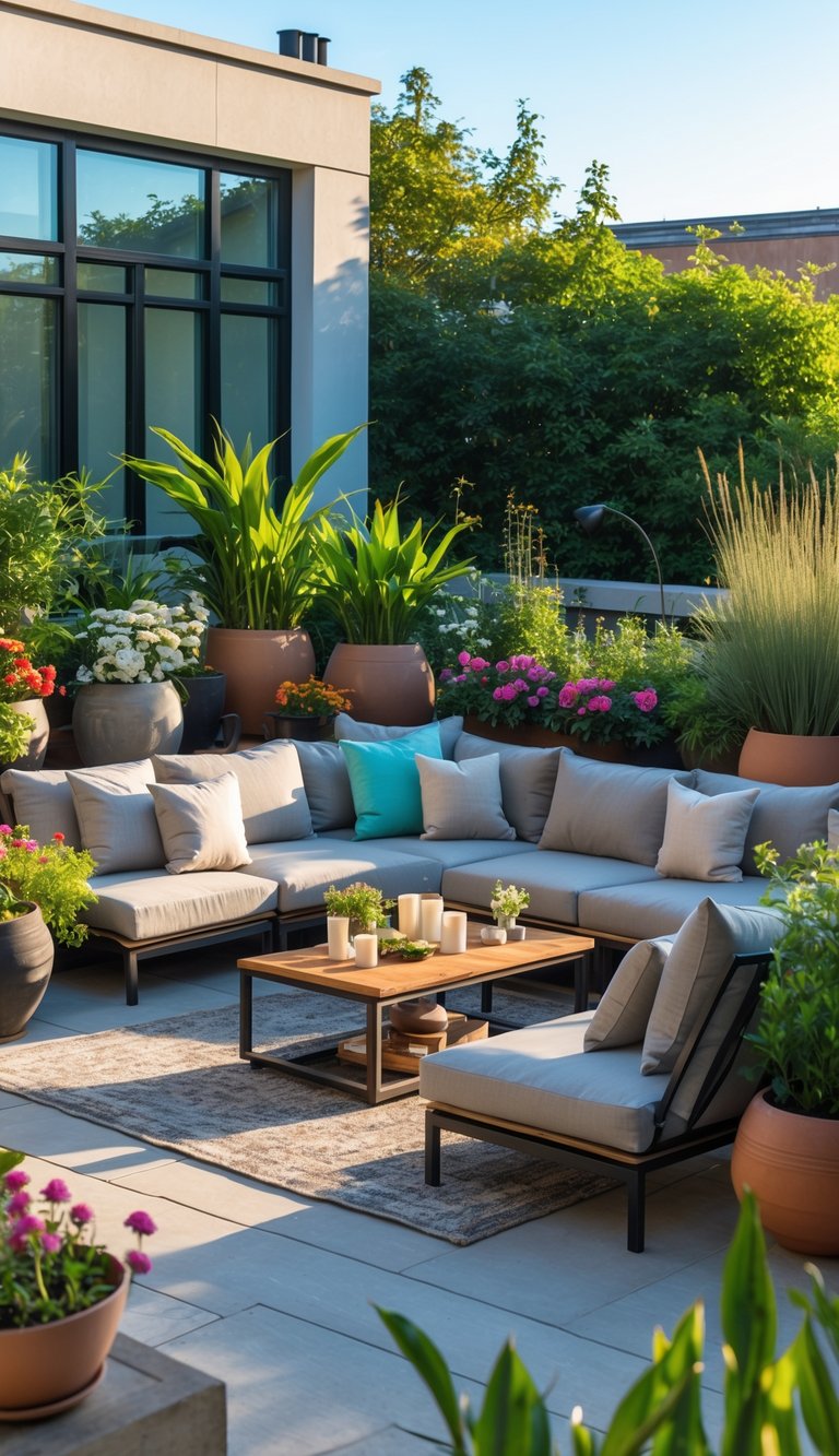 A terrace garden with lounge furniture surrounded by plants and flowers under a clear sky.